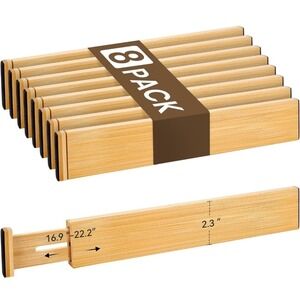 Bamboo Drawer Divider - Set of 8 - Adjustable Spring-Loaded (16.9"-22.2") 2.3"